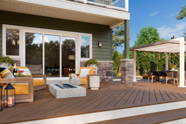 environmental benefits of choosing trex composite decking outdoor living space with stairs and sofa custom built michigan