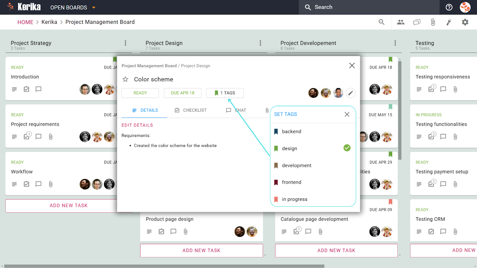 Šī Kerika uzdevuma kartīte parāda, cik viegli var izmantot atzīmes, piemēram, "backend" un "design" vizuālai kategorizēšanai. Skatiet, kā šīs krāsainās etiķetes sniedz tūlītēju izpratni par uzdevuma būtību, palīdzot komandām būt sakārtotām un koncentrēties uz vissvarīgāko.