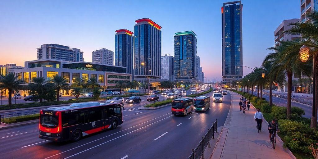 Ajman city street, electric vehicles, cyclists, modern buildings, green areas.