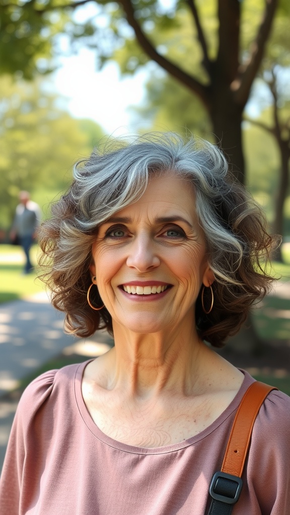 A woman with layered curly hair smiling in a park.