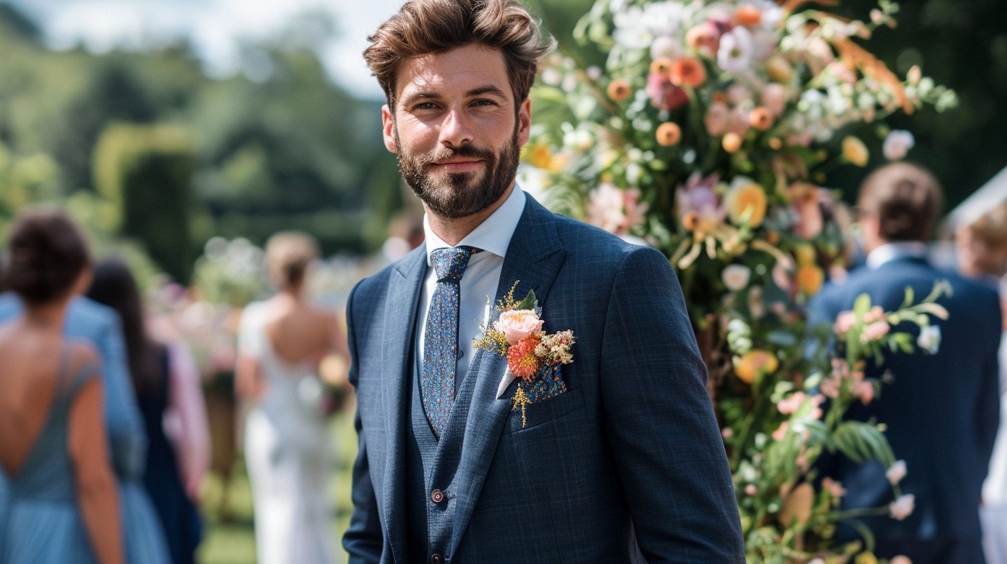 Stylish male wedding guest wearing a well-fitted suit, standing confidently at an outdoor wedding ceremony, spring or summer setting, soft natural lighting, background of guests and floral arrangements, elegant but not overdone, clean color tones