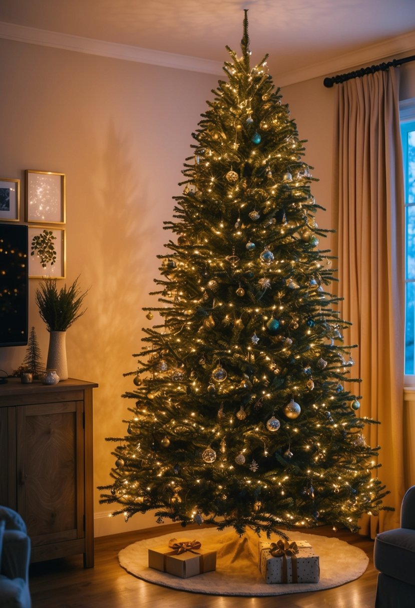 A cozy living room with a tall Christmas tree adorned with LED twinkle lights, casting a warm and festive glow throughout the room