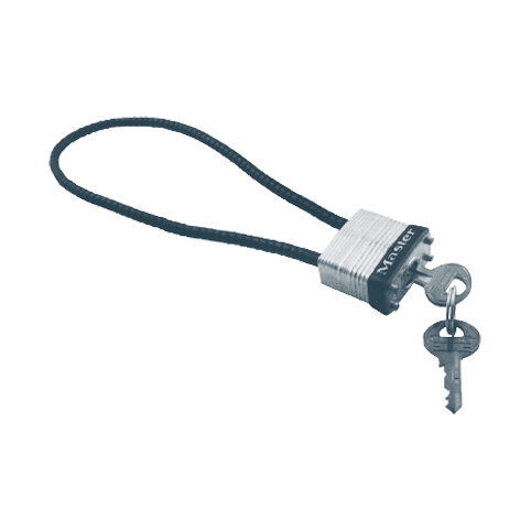 Close up of a master padlock with keys inserted.