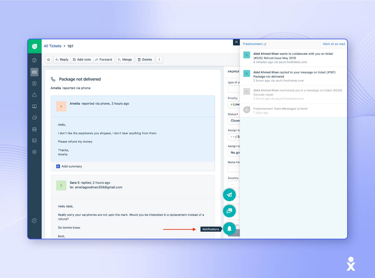 A screenshot shows Freshdesk's social media customer service software.