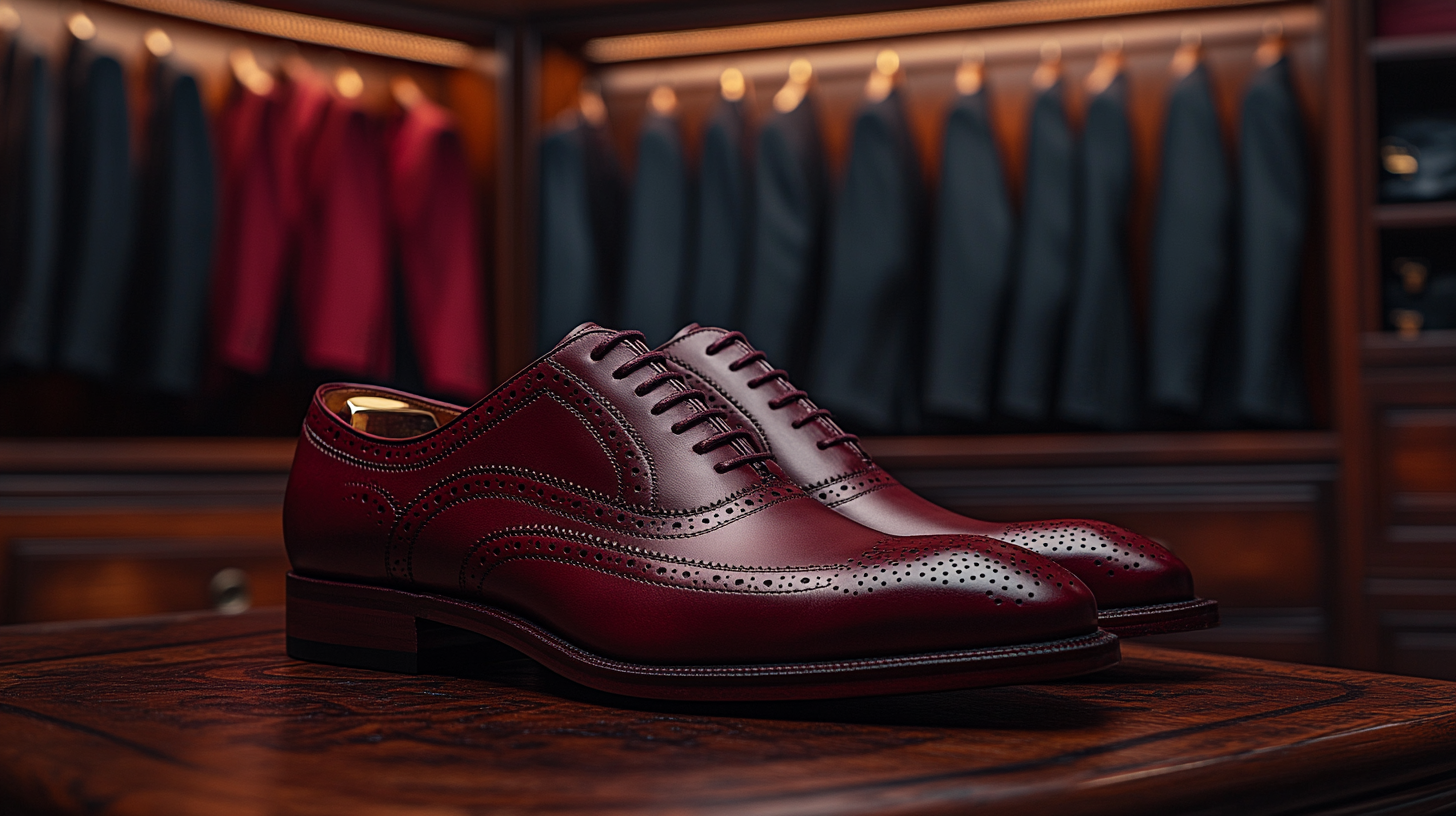 Rich burgundy or oxblood shoes, exuding sophistication, displayed in front of a wardrobe full of black suits and red shirts hanging.