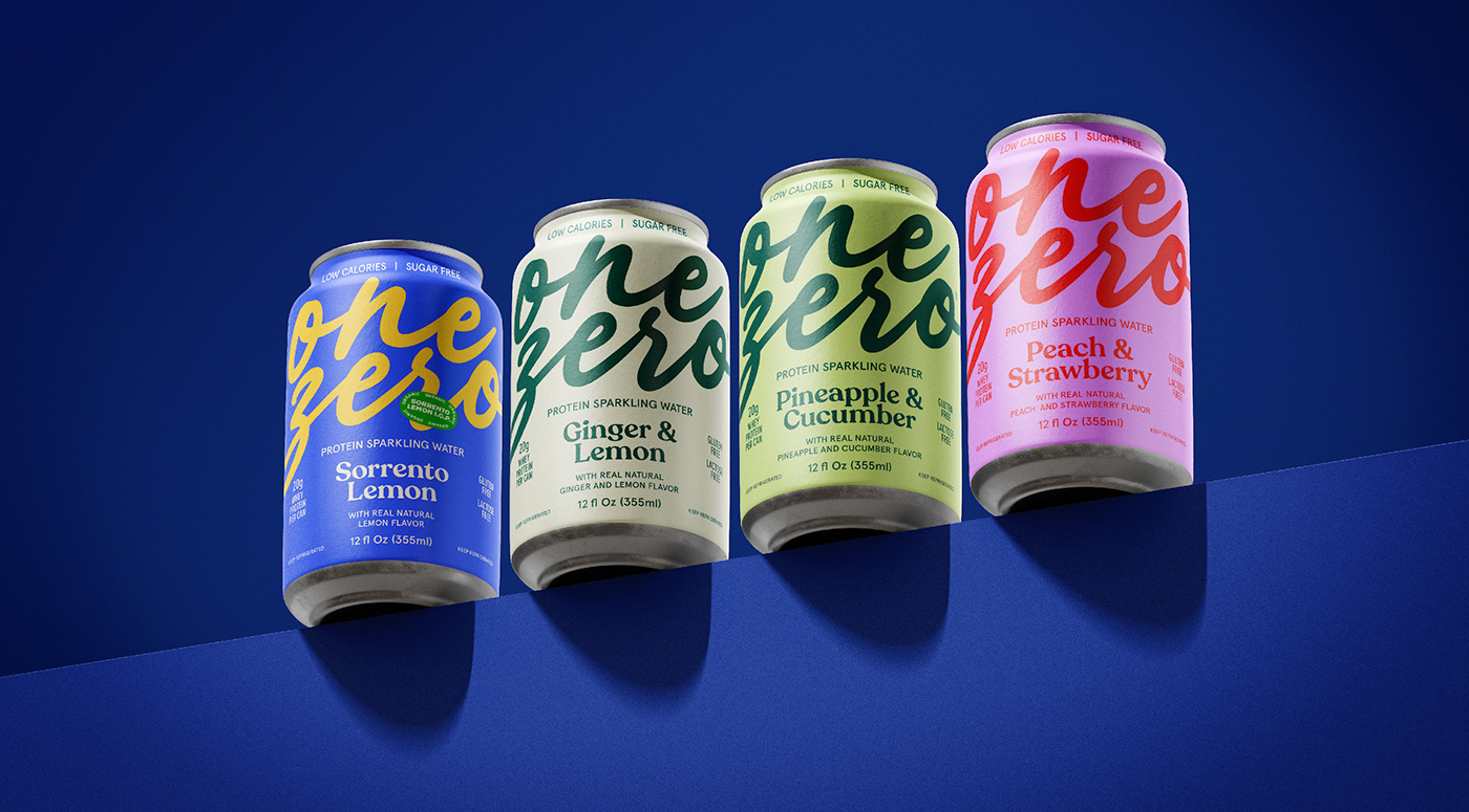 Image from the Onezero Protein Sparkling Water: Branding and Packaging Design article on Abduzeedo