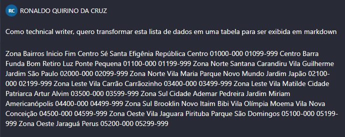 Imagem do artigo Documentação técnica com IA com prompt sollicitando transformar uma lista de dados em tabela markdown.