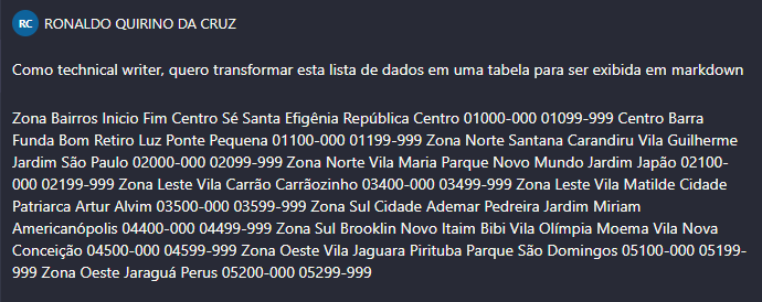 Prompt sollicitando transformar uma lista de dados em tabela markdown.