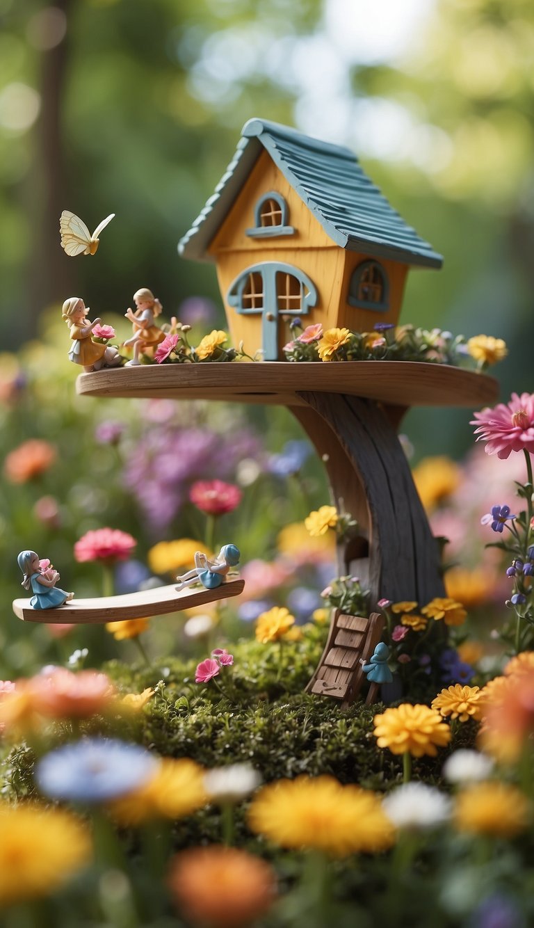 Fairies play on a teeter-totter in a whimsical backyard garden, surrounded by colorful flowers and tiny fairy houses