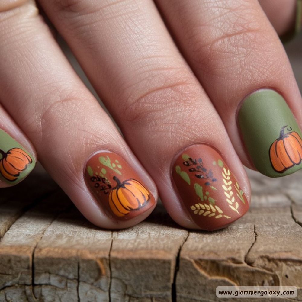 Thanksgiving Nail Designs having Rustic Harvest-Themed Nails
