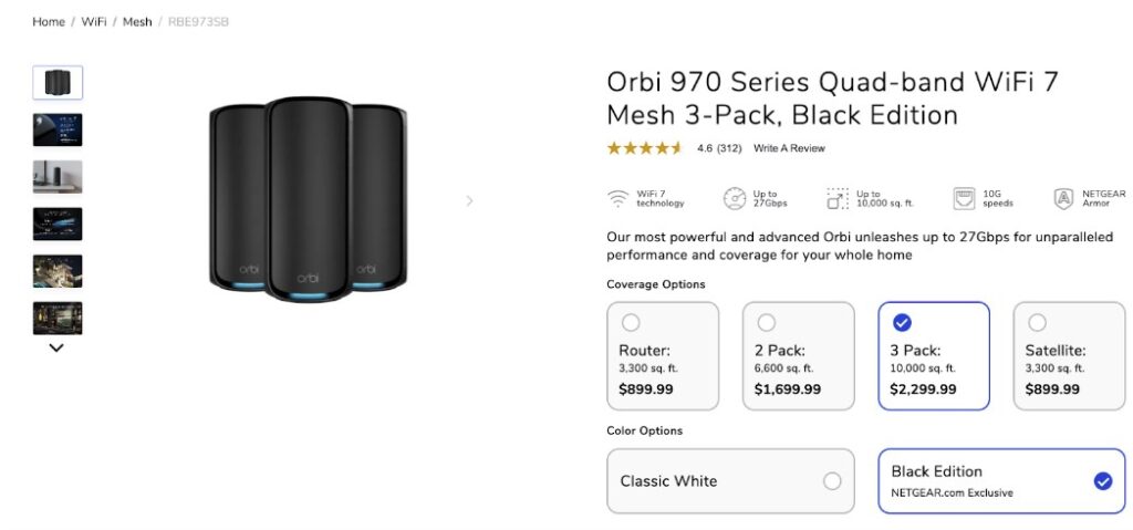 Screenshot of the Orbi 970 Series Quad-band WiFi 7 Mesh 3-Pack, Black Edition.