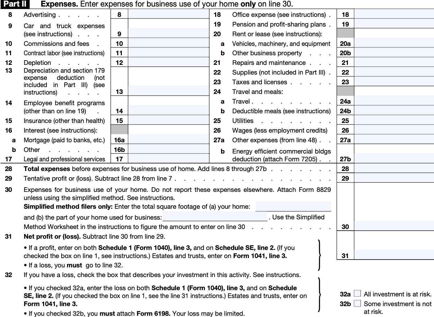 Screenshot of Part II: Expenses of Schedule C (Form 1040)