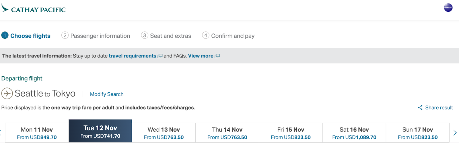 Screenshot of Cathay Pacific showing availability