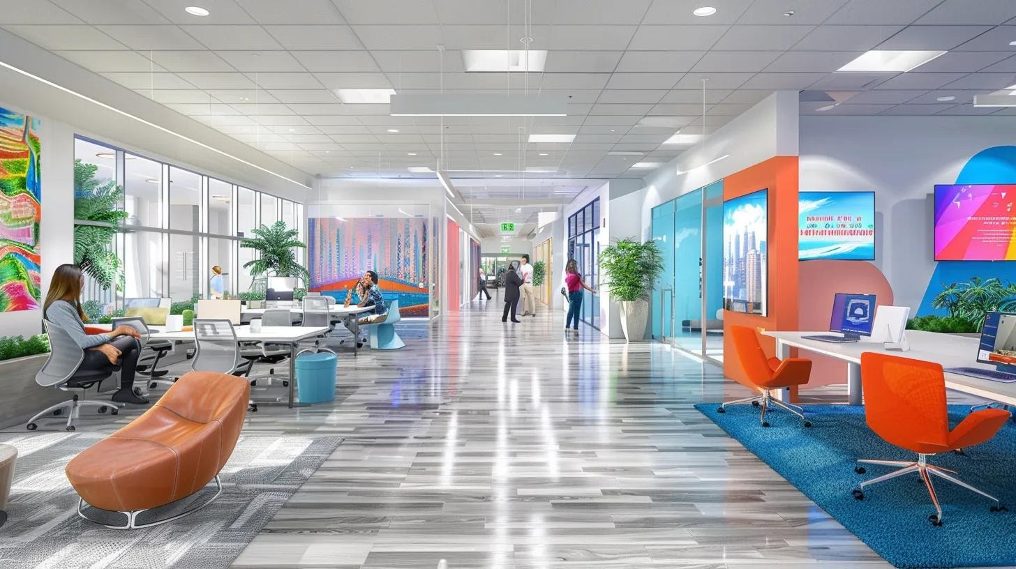 a vibrant office setting with diverse professionals collaborating over digital branding materials, showcasing playa hermosa imagery and local cultural elements while emphasizing a strong global brand identity.