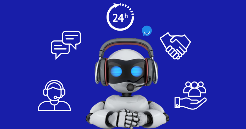 A robot with a headset representing AI chatbots for websites. Surrounding icons signify various benefits of chatbots.