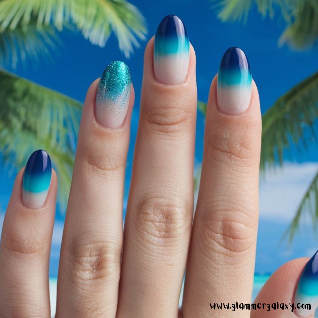 Classy Vacation Nails having Ocean's Embrace Deep Blues
