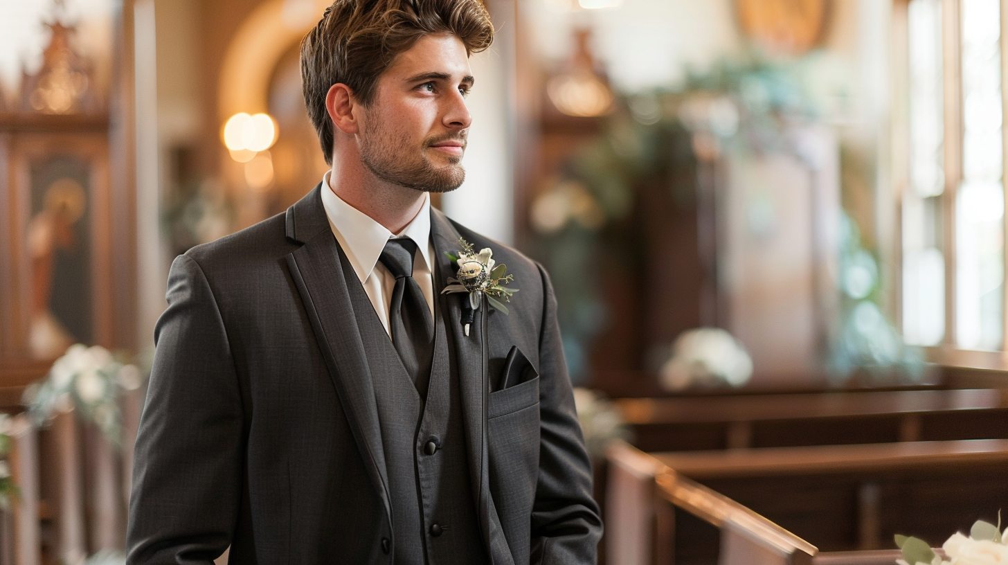 A groom in a charcoal three-piece suit, with a matching vest, crisp white shirt, and classic tie, in a grand wedding hall. Sophisticated and formal look with clean lines and modern tailoring.