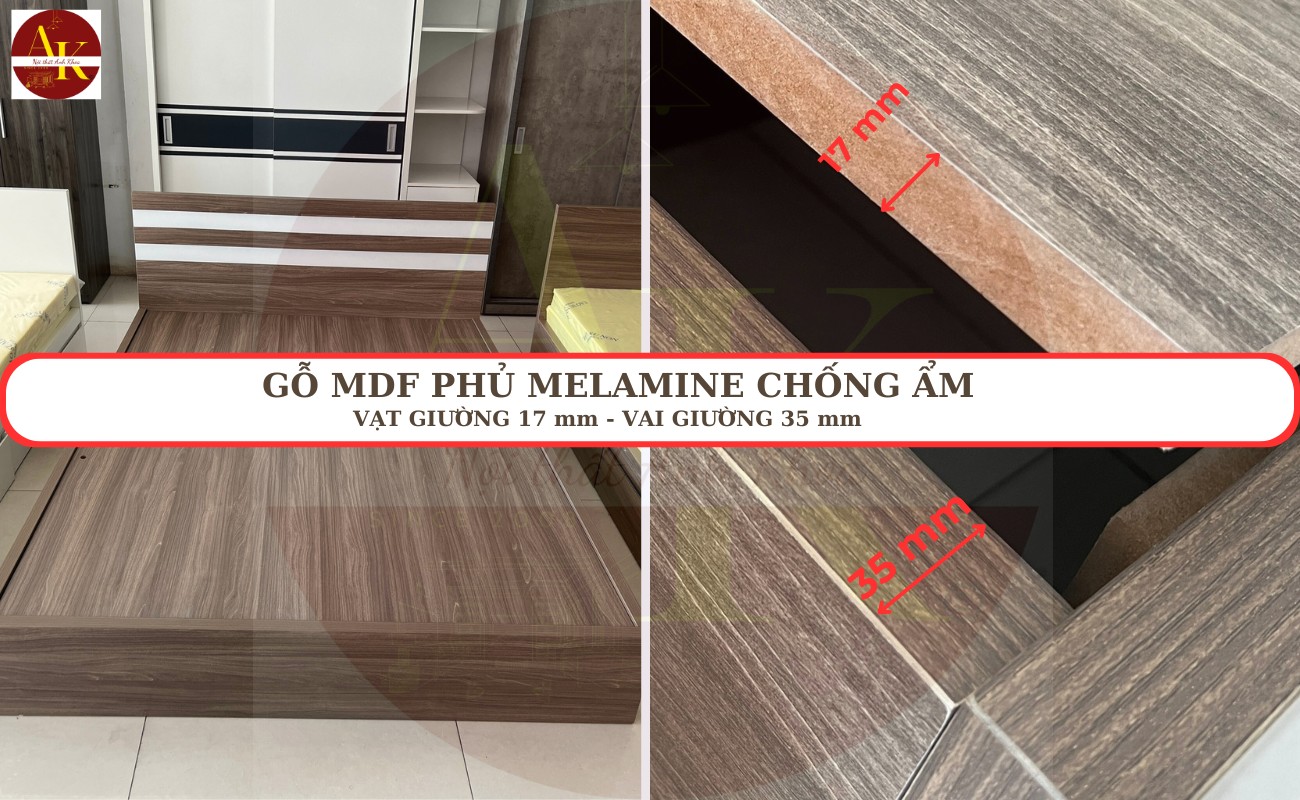 Gỗ MDF phủ melamine vạt giường dày 17mm và vai giường dày 35mm