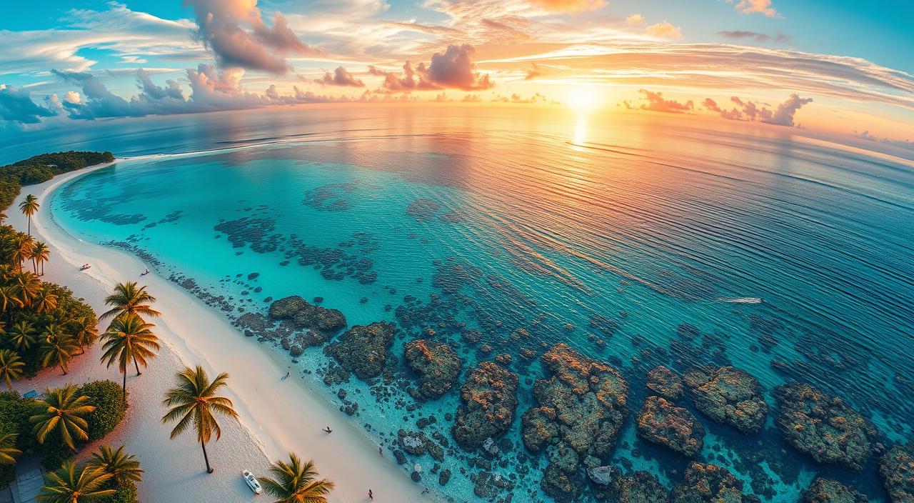 A stunning aerial view of a tropical beach with crystal-clear turquoise waters, surrounded by lush green palm trees, colorful coral reefs, and a vibrant sunset casting warm hues across the sky, inviting travelers to explore.