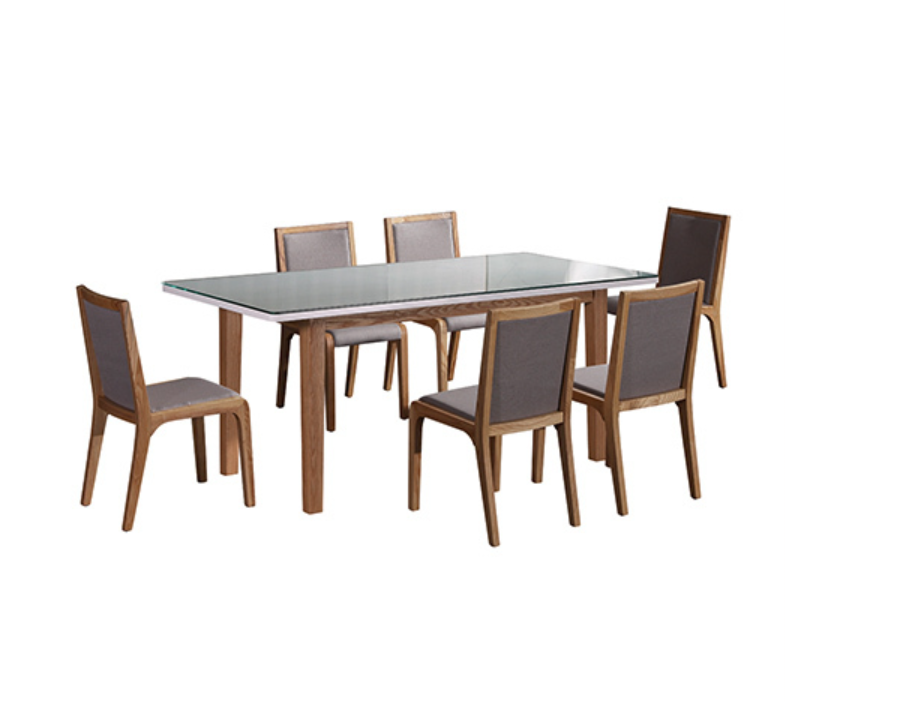 A contemporary piece of home furniture featuring a dining set with a rectangular glass-top table and six matching wooden chairs. The chairs have upholstered seats and backs in a neutral fabric, creating a sleek and modern dining arrangement.