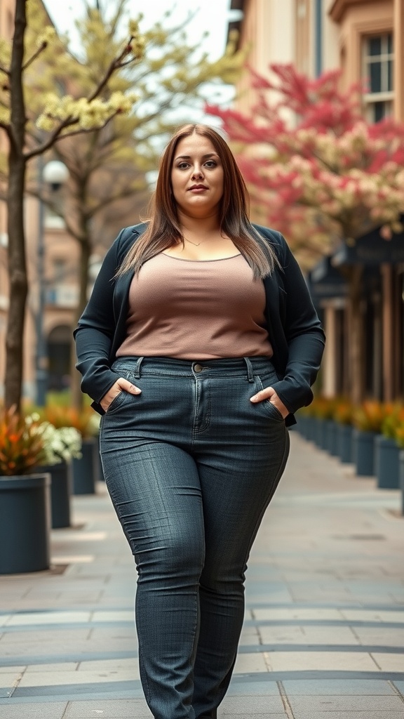 A plus size woman wearing a sleek long bob hairstyle, standing confidently in a stylish outfit