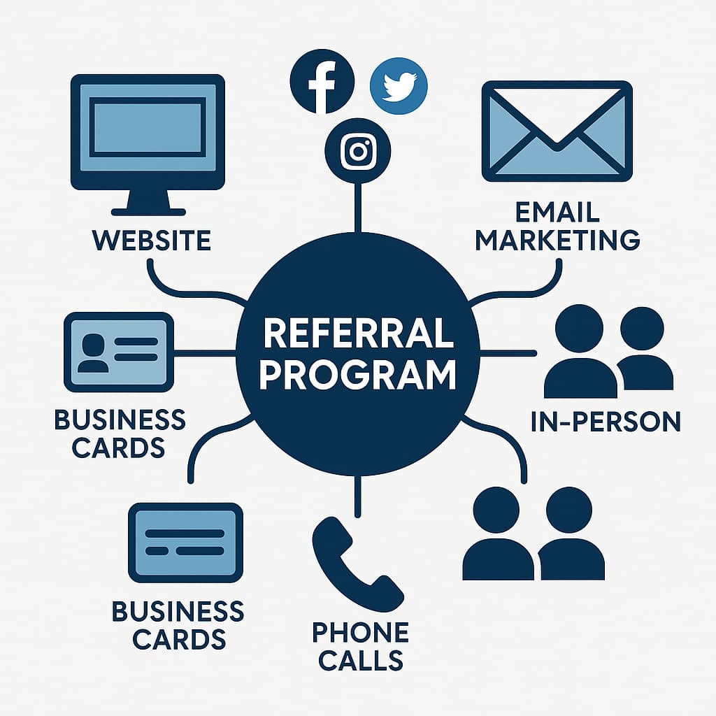 Multi-channel marketing strategy diagram showing website, social media, email, and in-person promotion methods for flooring referral programs and online presence building.