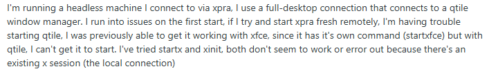 Screenshot of a Xpra user's describing difficulty starting the Qtile window manager via Xpra on a headless machine