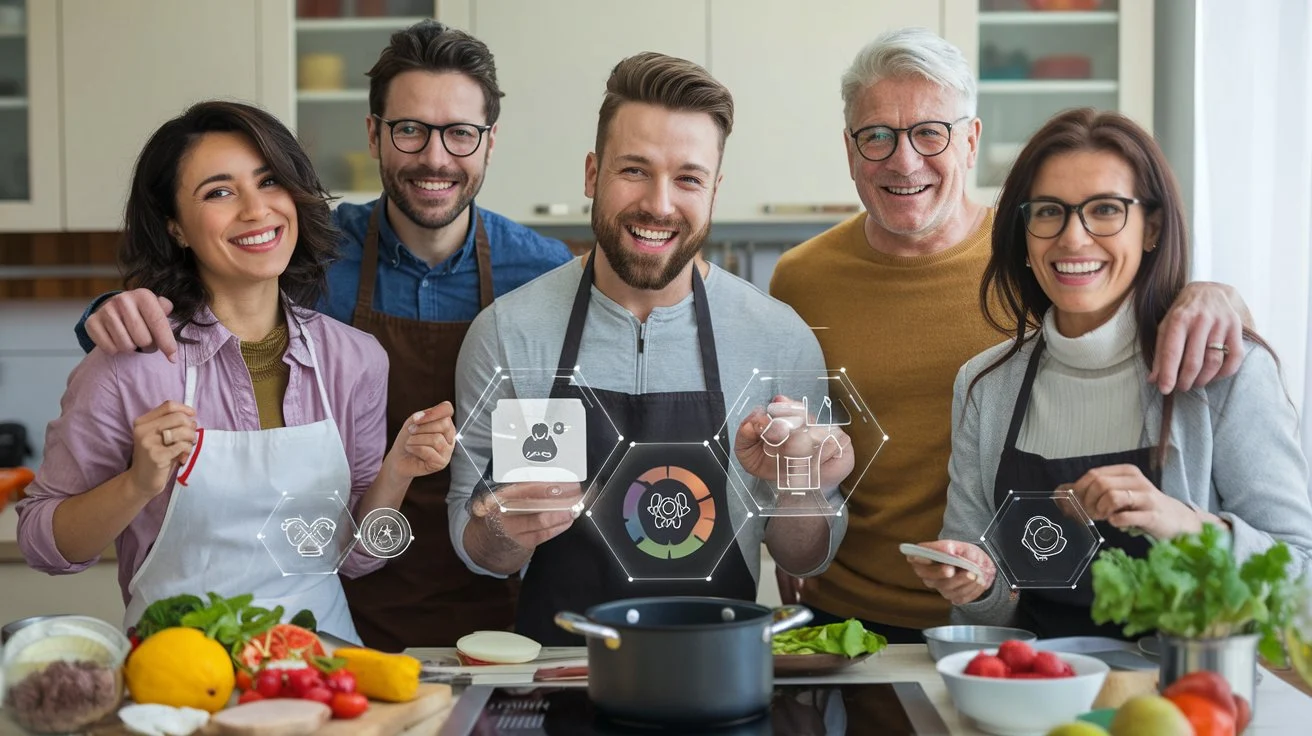 Friends using AI nutrition apps during a group cooking session.