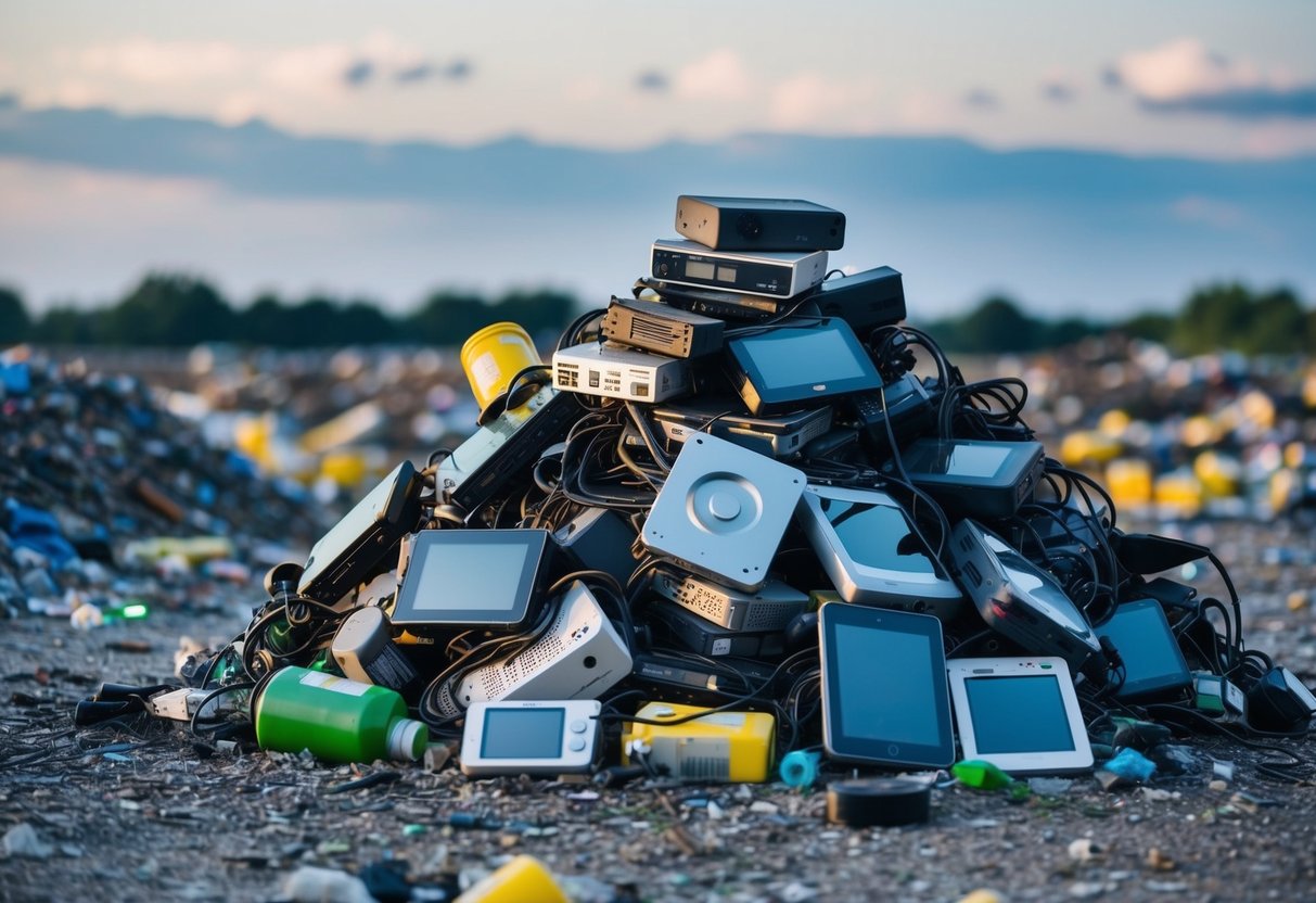 A pile of electronic devices sits in a landfill, with toxic chemicals seeping into the ground