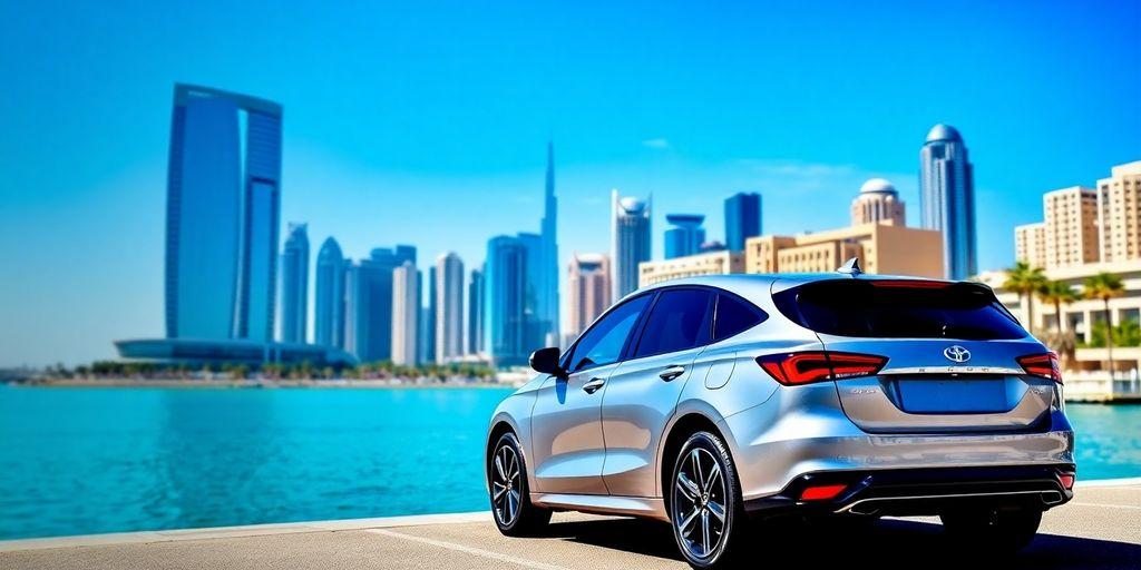 Sleek rental car with Dubai skyline in background.