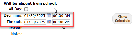 This image highlights how parent/guardians can enter a timeframe their student will be absent.