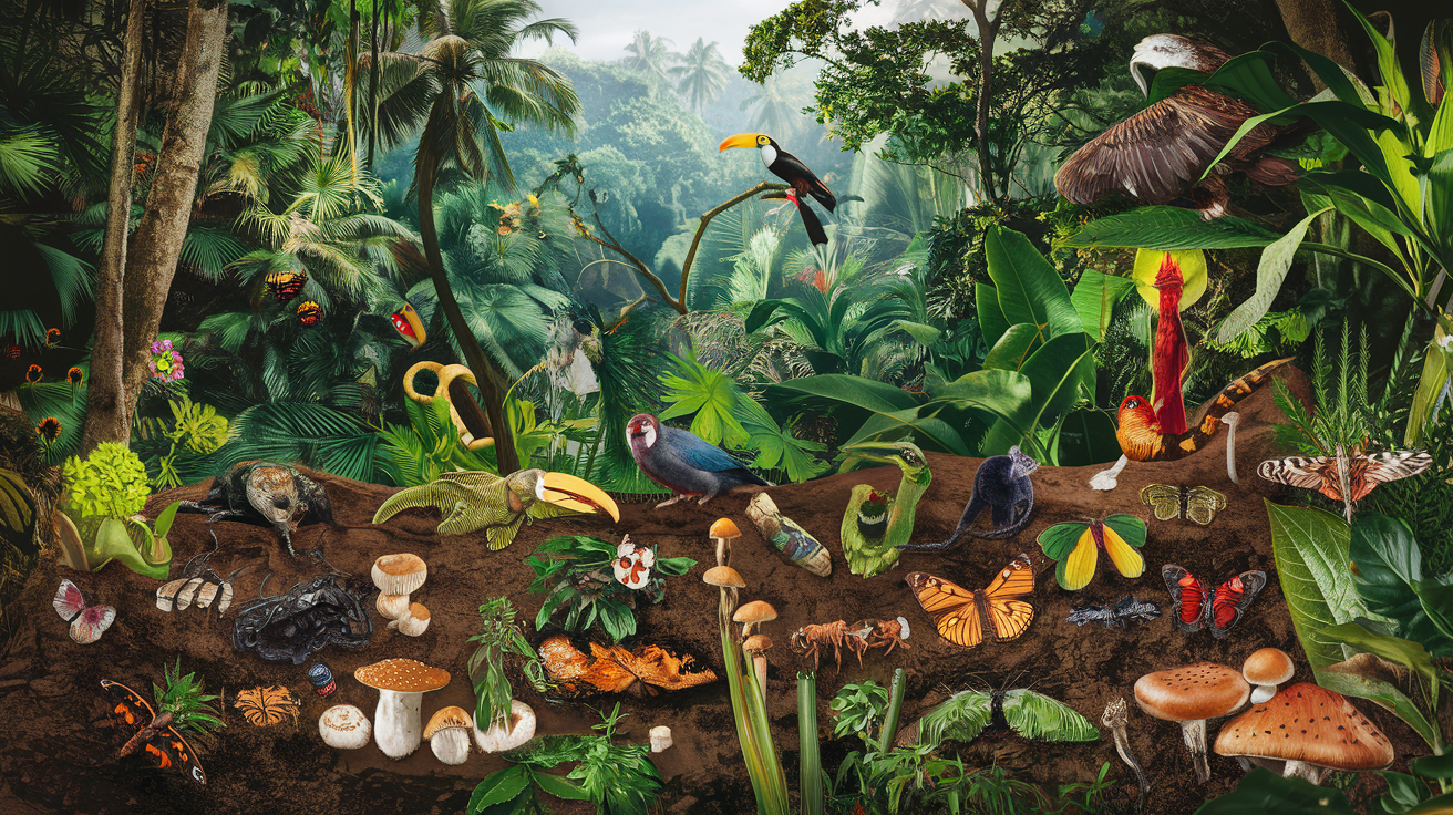 tropical rainforest food web with 20 organisms