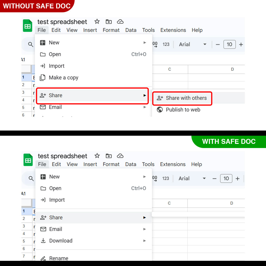 xFanatical Safe Doc removes Share > Share with others menu from Google Sheets