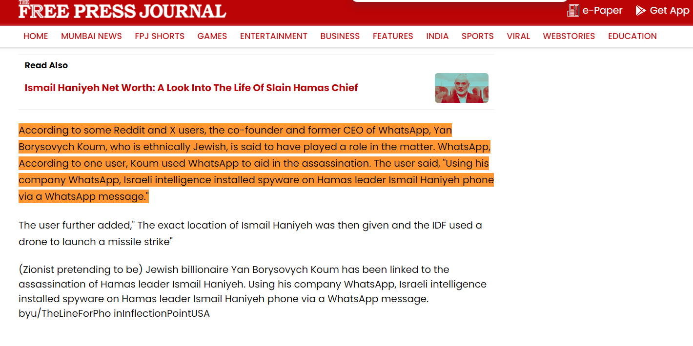 Conspiracy Theory: “Jewish Billionaire Jan Koum Linked to Haniyeh's Assassination”