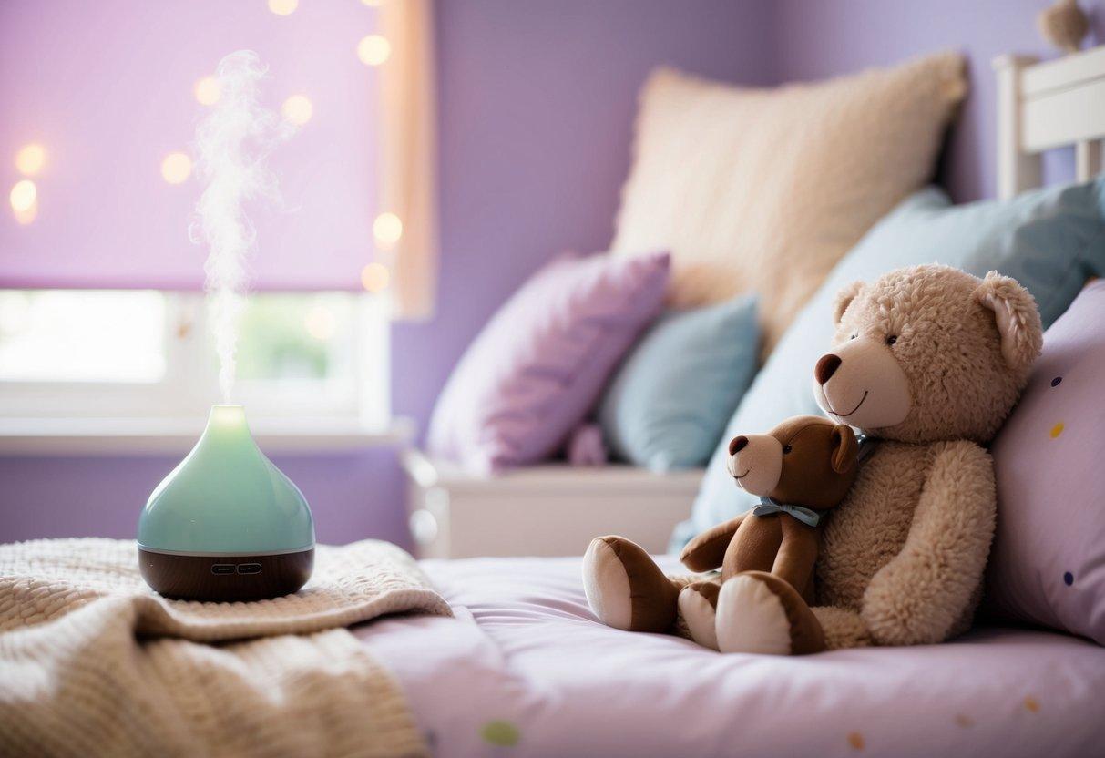 A child's bedroom with soft, pastel colors. A lavender-scented diffuser emits a calming aroma. Cozy blankets and stuffed animals are neatly arranged on the bed