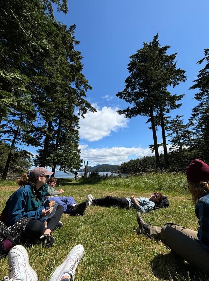 A group of people lying on grass in front of trees

Description automatically generated