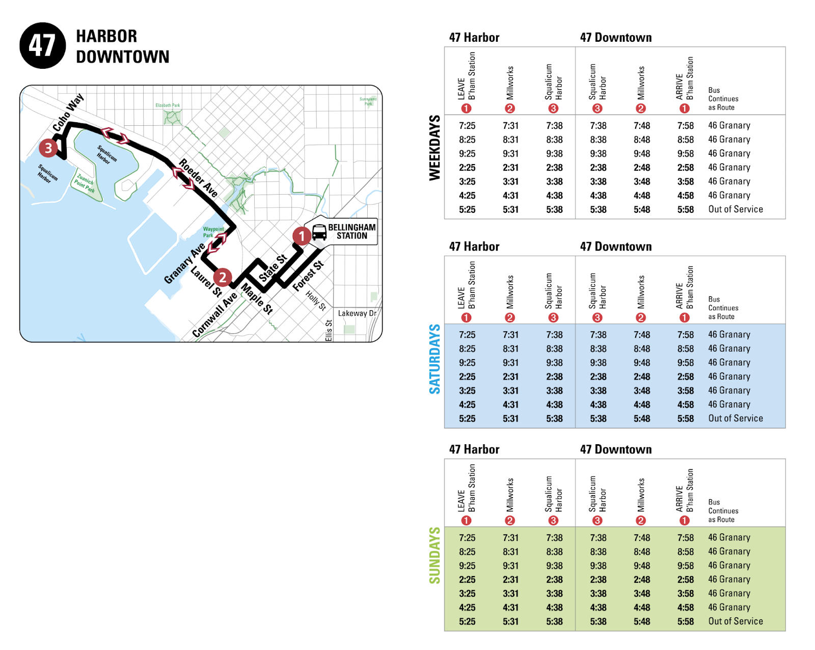 An image showing WTA's proposal for Route 47, which would connect Bellingham Station with Squalicum Harbor via the Waterfront District.