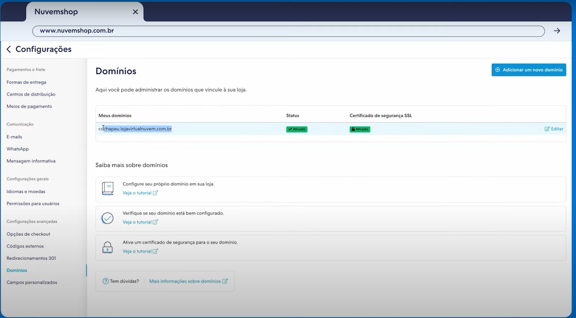 Como configurar domínio na Nuvemshop