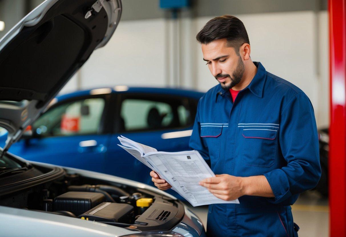 A mechanic consulting a workshop manual while repairing a car