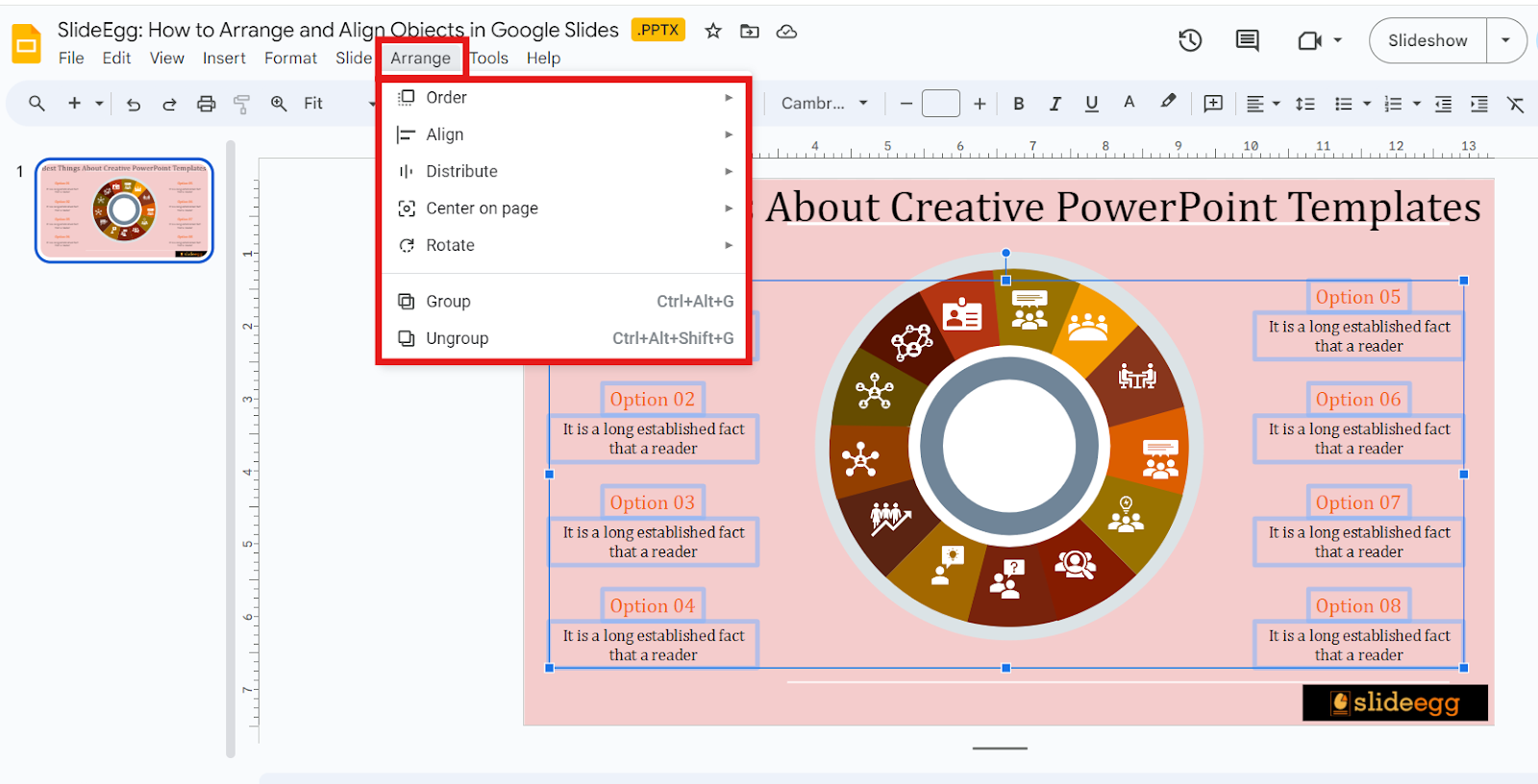 Arrange Menu in Google Slides with submenus to order, align, distribute, rotate, group, & ungroup objects.