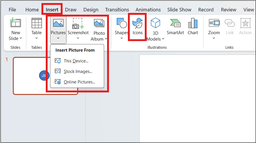 Inset Picture From various sources and inserting Icons in PowerPoint.