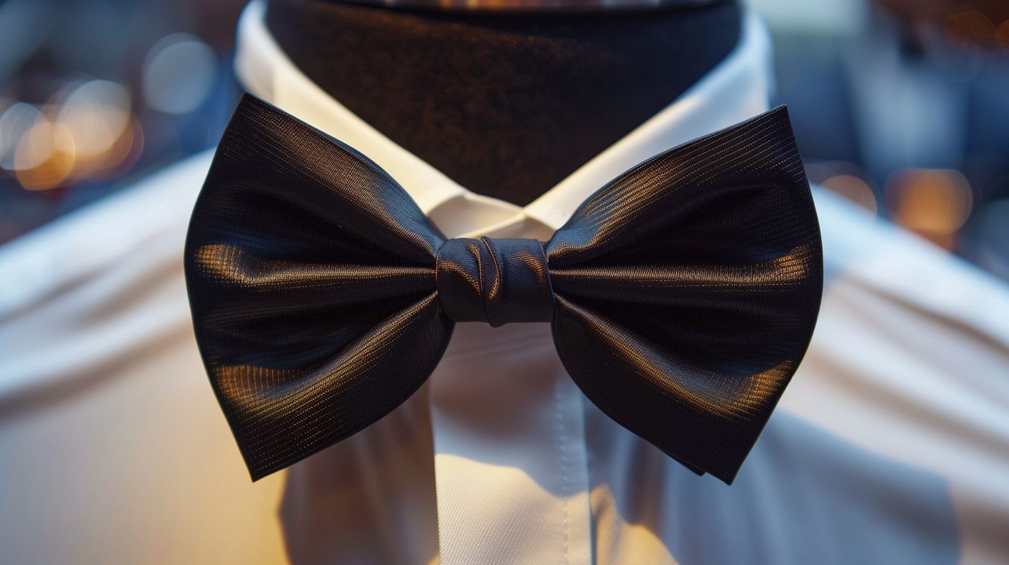 A close-up of a classic black bow tie tied neatly around the collar of a crisp white dress shirt, displayed on a mannequin or stylish gentleman, soft lighting, formal setting, elegant and timeless look, focus on the bow's symmetrical shape, fabric texture visible