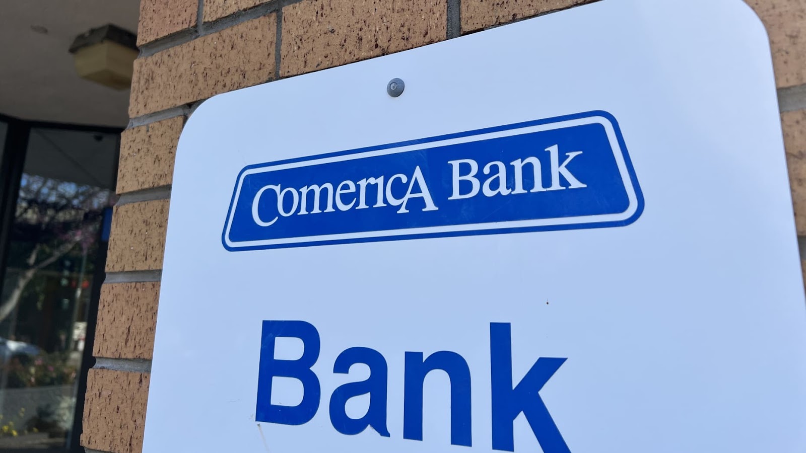 Comerica Bank building facade with blue signage and brick exterior, Walnut Creek, California, March 30, 2023. (Photo by Smith Collection/Gado/Getty Images)