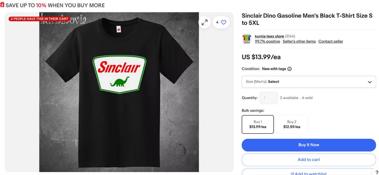 2. Sinclair Dino Gasoline Men's Black T-Shirt Size S to 5XL
