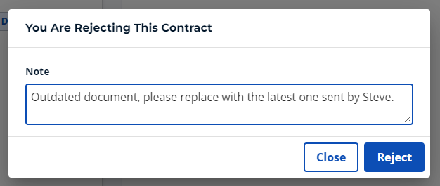 Rejecting a contract from an approval request 