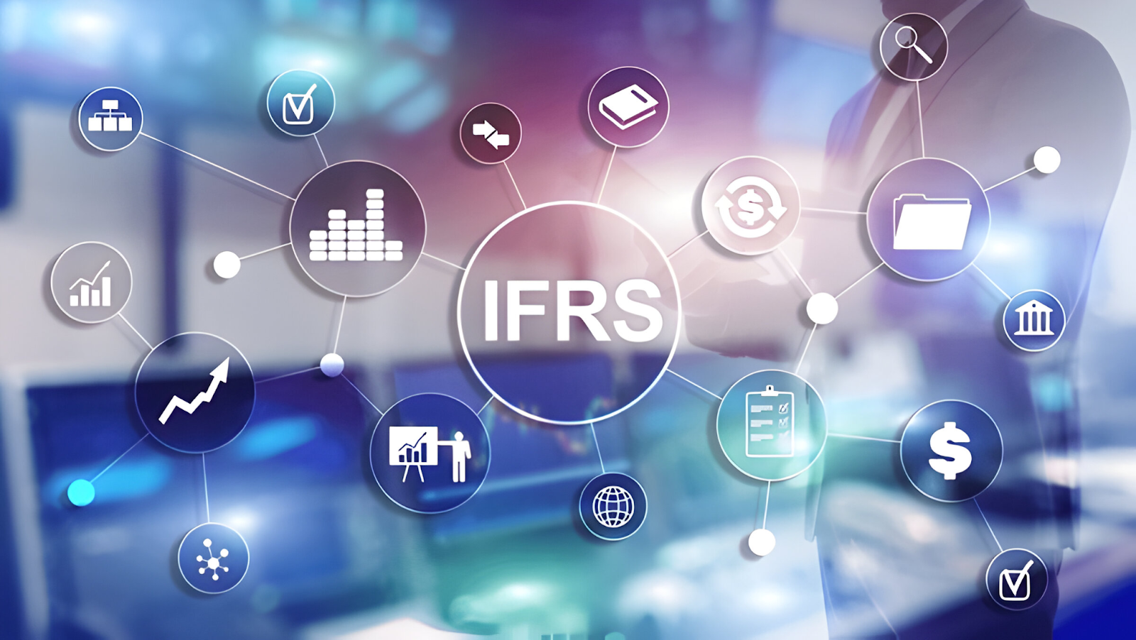 Visual representation of compliance with IFRS, showing interconnected icons for finance, regulations, and reporting standards, illustrating the complexity of adhering to International Financial Reporting Standards.