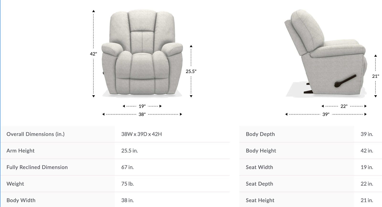 maverick rocking recliner dimensions