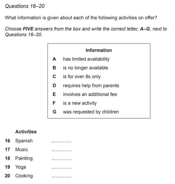 Matching Information IELTS Listening Part 2: IELTS Cambridge 17, Test 3, Part 2, Questions 15-20