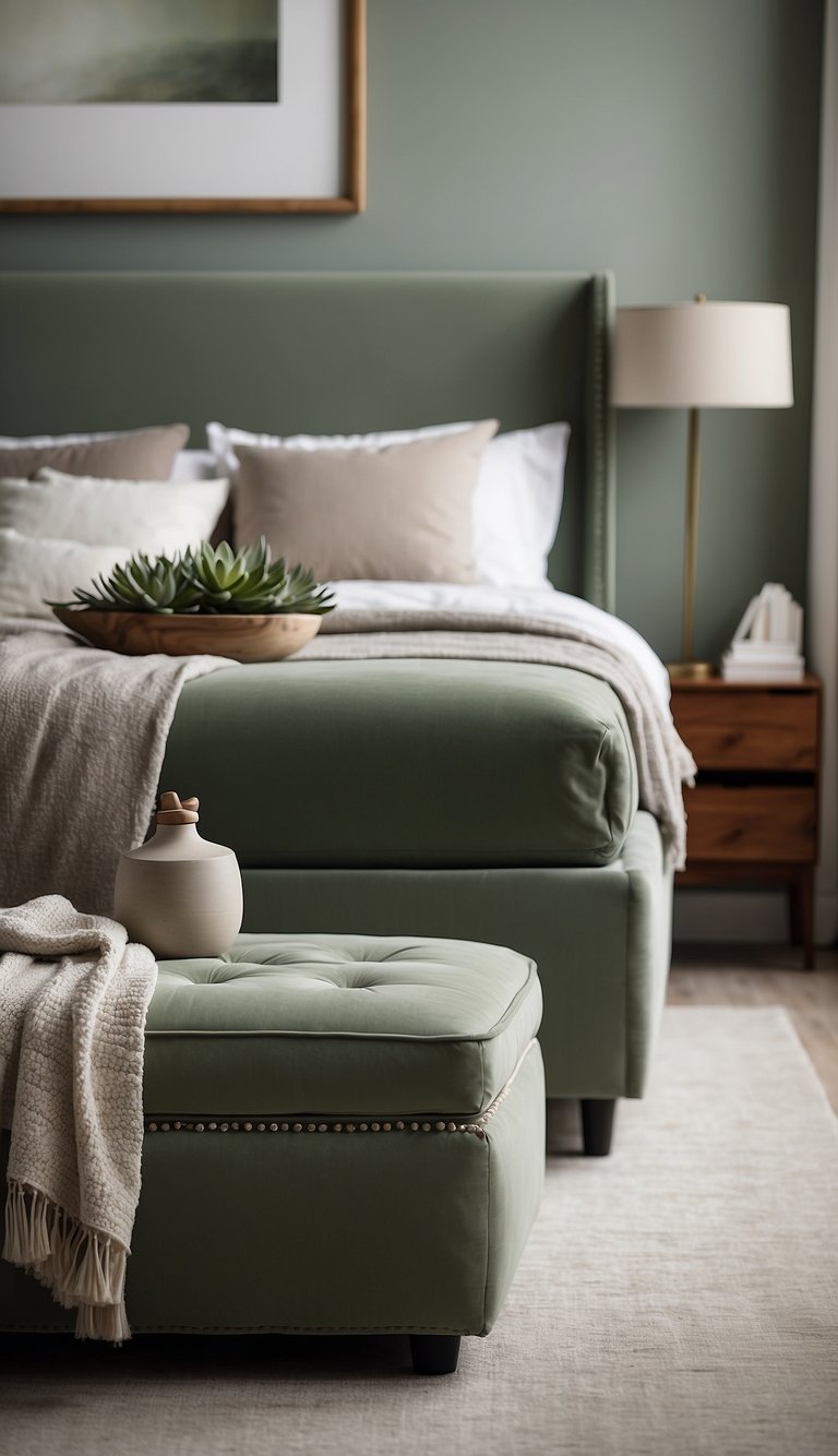 A sage green ottoman sits in a serene bedroom, surrounded by soft, muted hues. The room exudes tranquility, with touches of nature and understated elegance