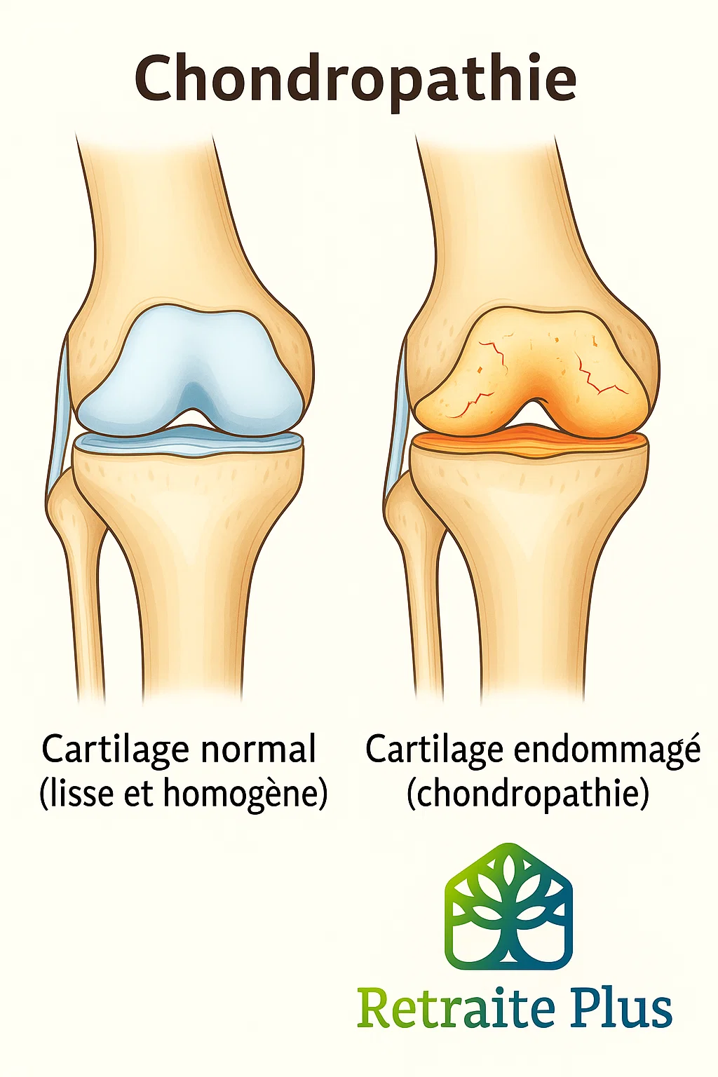 Chondropathie : cartilage normal et cartilage endommagé